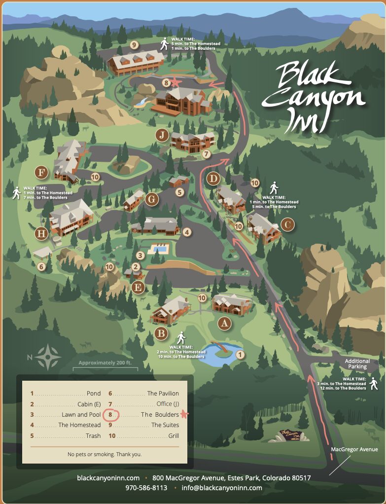 Illustrated property map of Black Canyon Inn showing lodging buildings, the pond, the pavilion, and The Boulders event venue
