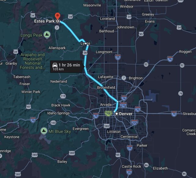 Map showing the driving route from Denver north-west through Lyons to Estes Park, labeled 1 hour 26 minutes and 105 kilometres