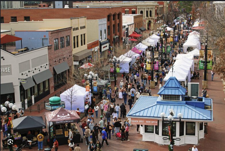 Pearl Street Mall in Boulder, Colorado: a brick pedestrian promenade lined with shops and trees